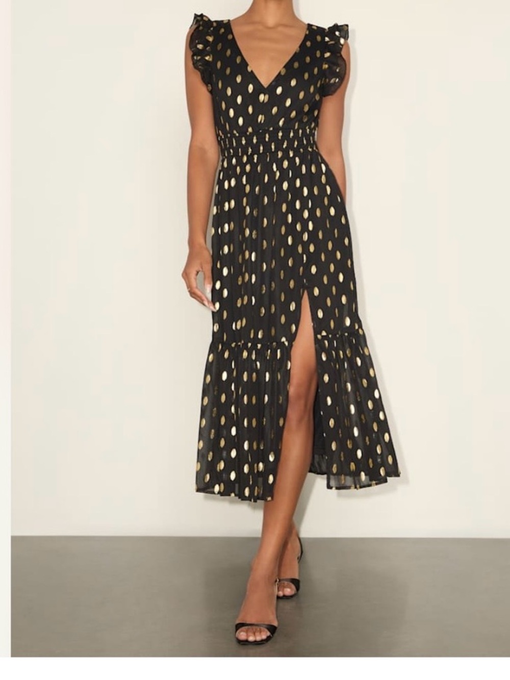 Lulu’s - Cause to Celebrate Black and Gold Dot Ruffled Tiered Midi Dress